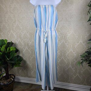 Elan Size XL Cropped Strapless Blue Striped Jumpsuit Cotton Blend Wide Leg NWT